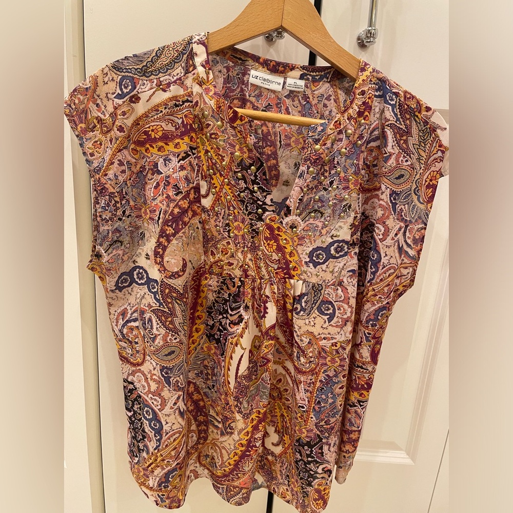 Paisley Liz Claiborne Blouse/Top with Split V-Neck ,with Cream Colored Camisole